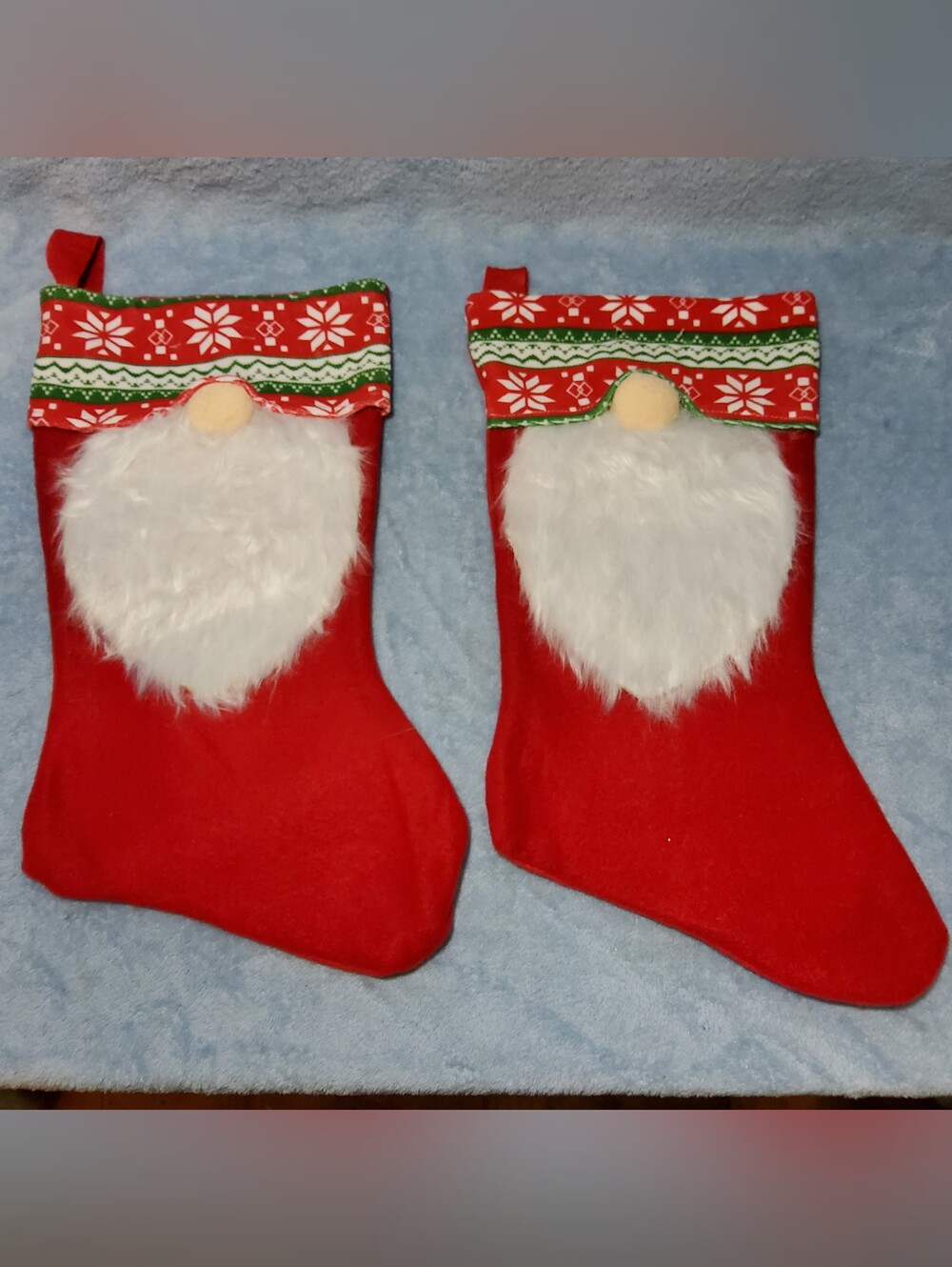 Set Of 2 Christmas Stockings Gnome Tomte Nordic Santa White Faux Fur Beard 16"